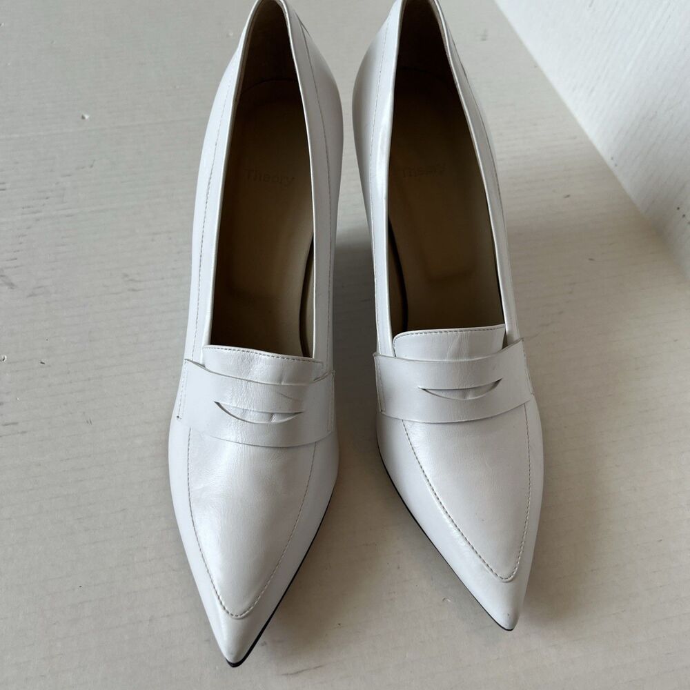 Theory Leather Wedge Sandals Pointed Cap Toe White 41 /9.5-10 Italy NWOB - Picture 2 of 8